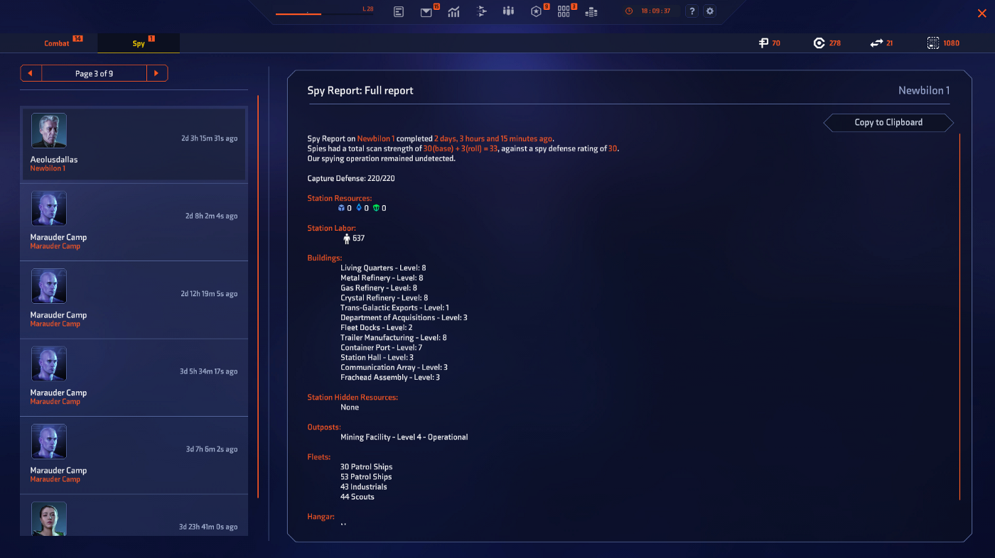 In-game screenshot of a spy report